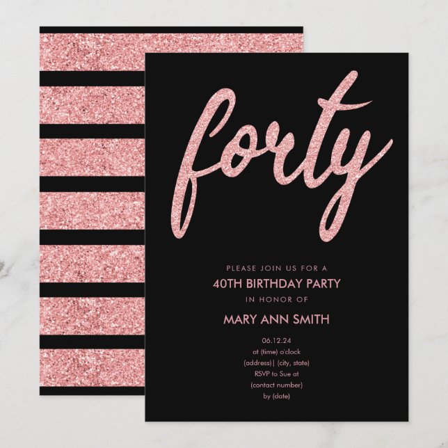 Invitación Rosa simple Purpurina de oro 40.º Fiesta de cumple (Anverso / Reverso)