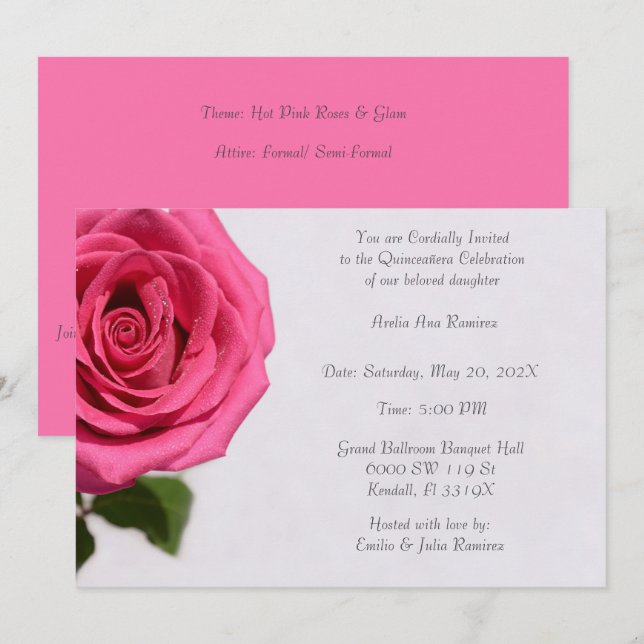 Invitación Rosa simple Quinceañera (Anverso / Reverso)