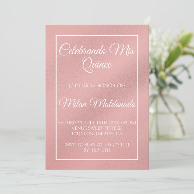 Invitación Rosa simple Quinceanera de oro  (Anverso de pie)