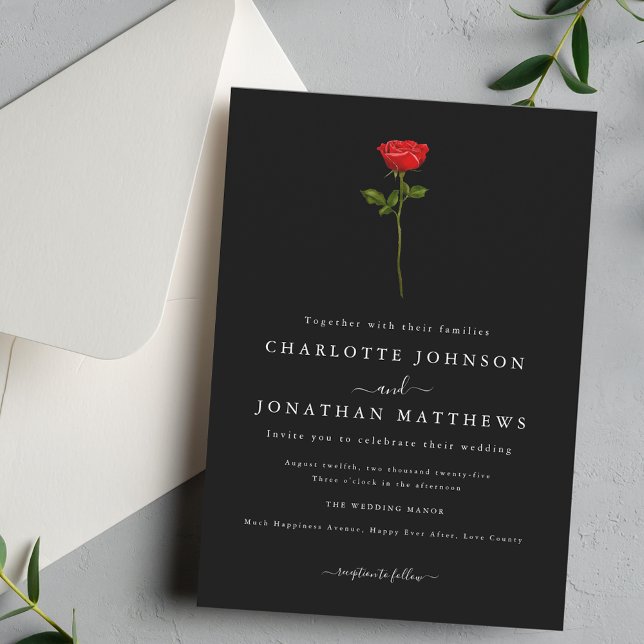 Invitación Rosa Simple Red Elegante Script Negro & Blanco (Simple red rose elegant modern script black and white wedding invitation Watercolor floral)