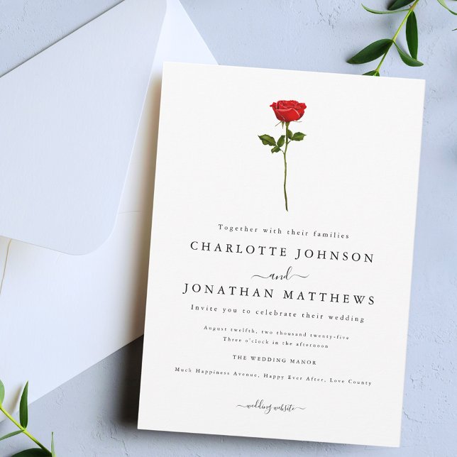 Invitación Rosa Simple Red Escritura Elegante (Simple red rose elegant modern wedding invitation Watercolor floral stylish script)