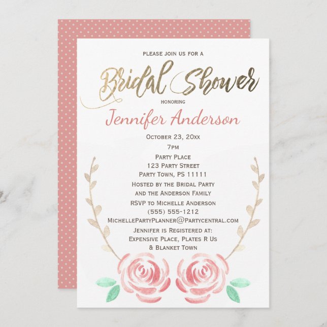 Invitación Rosa simple Vine dorado Polka Dot Bridal Shower (Anverso / Reverso)