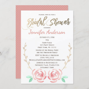 Invitación Rosa simple Vine dorado Polka Dot Bridal Shower