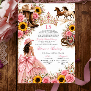 Invitación Rosa Sonrojada Girasol Rosa Vaquera Quinceañera
