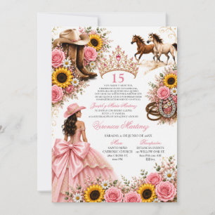 Invitación Rosa Sonrojada Girasol Rosa Vaquera Quinceañera