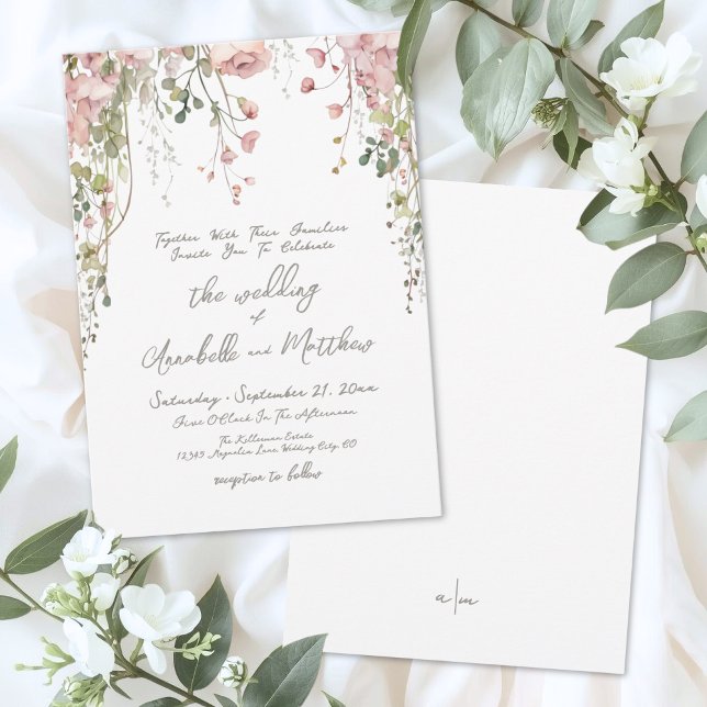 Invitación Rosa Sonrojado Acuarela Botánica de Flores Silvest (Blush Pink Botanical Watercolor Wildflower Wedding Invitation)