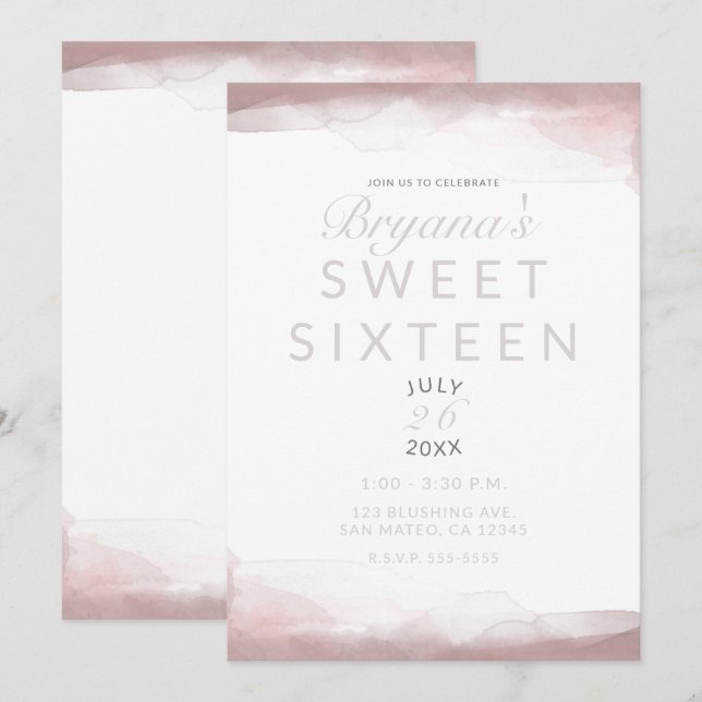 Invitación Rosa sonrojado acuarela moderno chic dulces 16 (Anverso / Reverso)