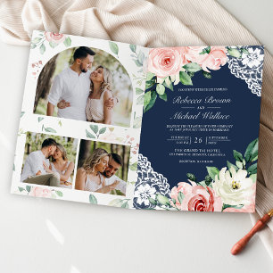 Invitación Rosa Sonrojado Encaje Floral Azul Marino Código QR