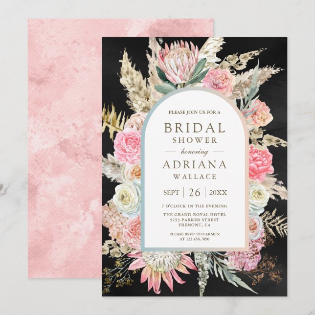 Invitación Rosa sonrojado floral boho pampas negro ducha de n (Anverso / Reverso)