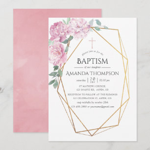 Invitación Rosa sonrojado floral geométrico Bautizo o bautism