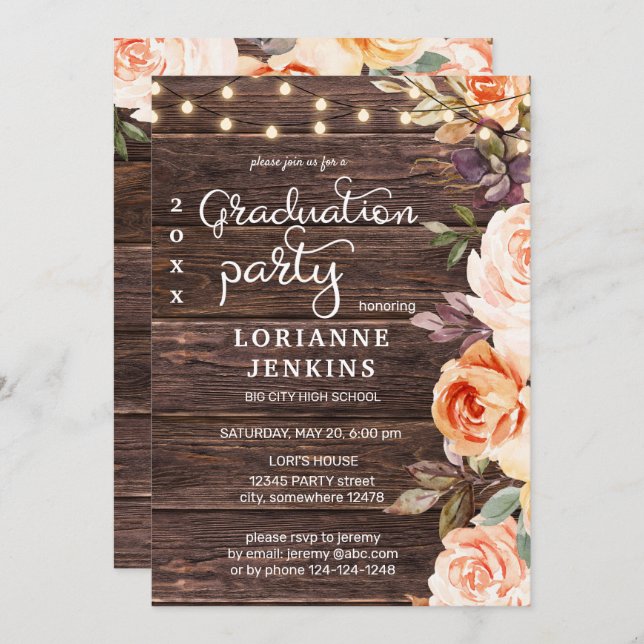 Invitación Rosa sonrojado y floral de melocotón Graduación de (Anverso / Reverso)