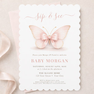 Invitación Rosa Sonrojo Elegante Mariposa Bebe Bebe y Ve