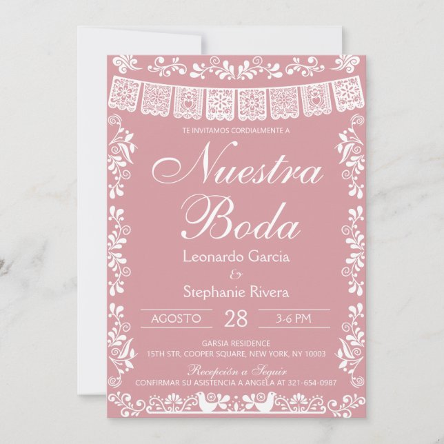 Invitación Rosa Sonrojo Nuestra Boda Papel Picado Boda (Anverso)