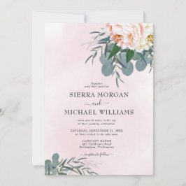 Invitación Rosa Sonrojo Peonía Acuarela Eucalipto Boda