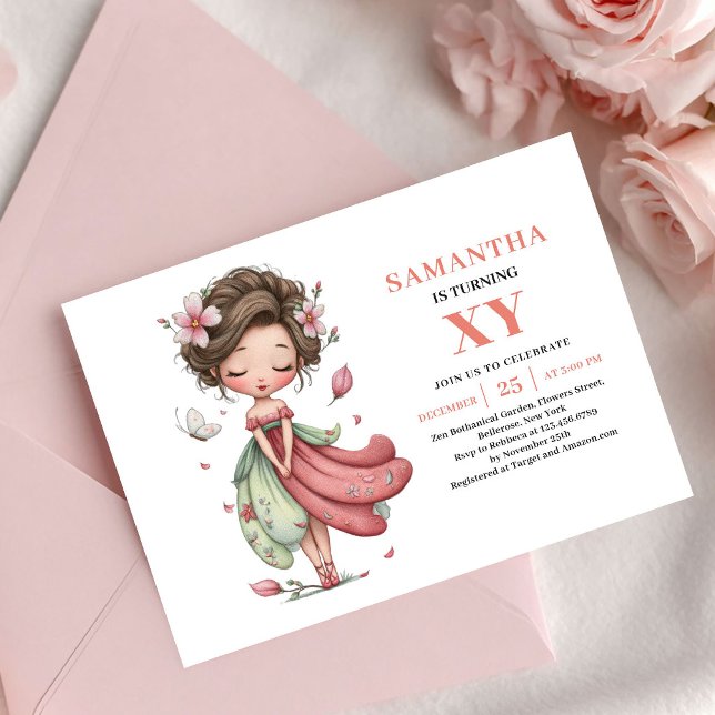 Invitación Rosa Sonrosado Cumpleaños de la Chica H (Graceful Fairy Girl Birthday Blush Pink invitation)
