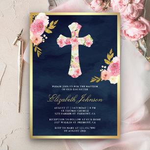 Invitación Rosa sonrosado floral azul marino dorado Bautizo