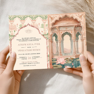 Invitación Rosa sonrosado menta verde jardín de loto boda ind
