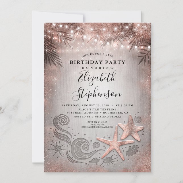 Invitación Rosa Starfish Tropical Beach Lights (Anverso)