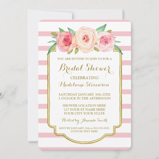 Invitación Rosa Stripes Dorado Floral Rosa Ducha Bridal (Reverso)