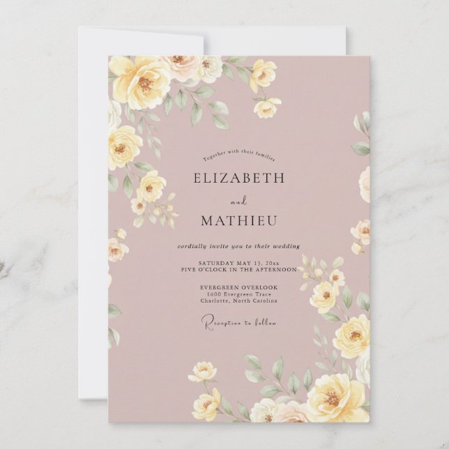 Invitación Rosa Suave Amarillo Pálido Floral Boda (Anverso)