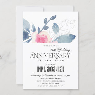 INVITACIÓN ROSA SUAVE AZUL FLORAL 25º ANIVERSARIO DE CUALQUIE
