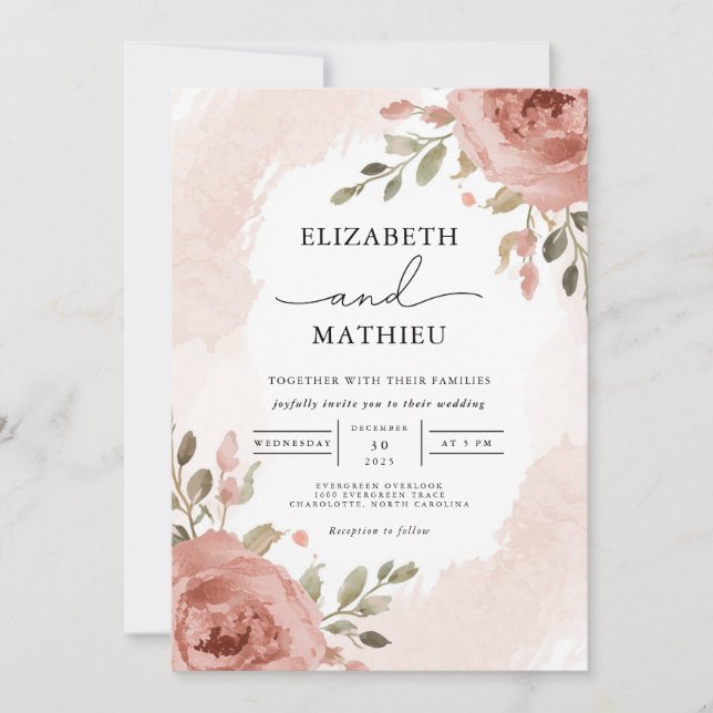 Invitación Rosa suave Boda floral botánico (Anverso)