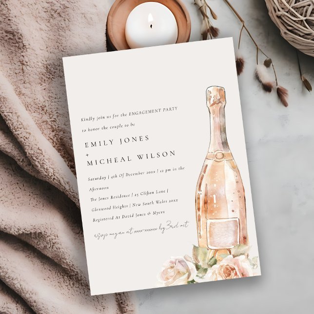 Invitación Rosa suave de Rubor Floral Champagne Wine Engageme (Subido por el creador)