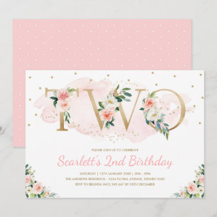Invitación Rosa suave de Rubor y cumpleaños floral del oro