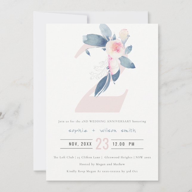 INVITACIÓN ROSA SUAVE FLORAL AZUL 2º ANIVERSARIO CUALQUIER AÑ (Anverso)