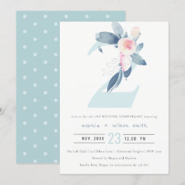 INVITACIÓN ROSA SUAVE FLORAL AZUL 2º ANIVERSARIO DE CUALQUIER