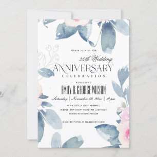 INVITACIÓN ROSA SUAVE FLORAL AZUL 25º ANIVERSARIO DE CUALQUIE