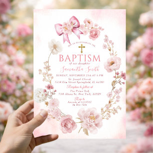 Invitación Rosa Suave Floral Cruz Niña Bautizo