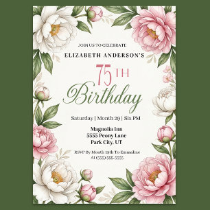 Invitación Rosa Suave Magnolia y Peonía 75 Cumpleaños