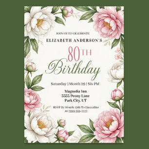 Invitación Rosa Suave Magnolia y Peonía 80 Cumpleaños