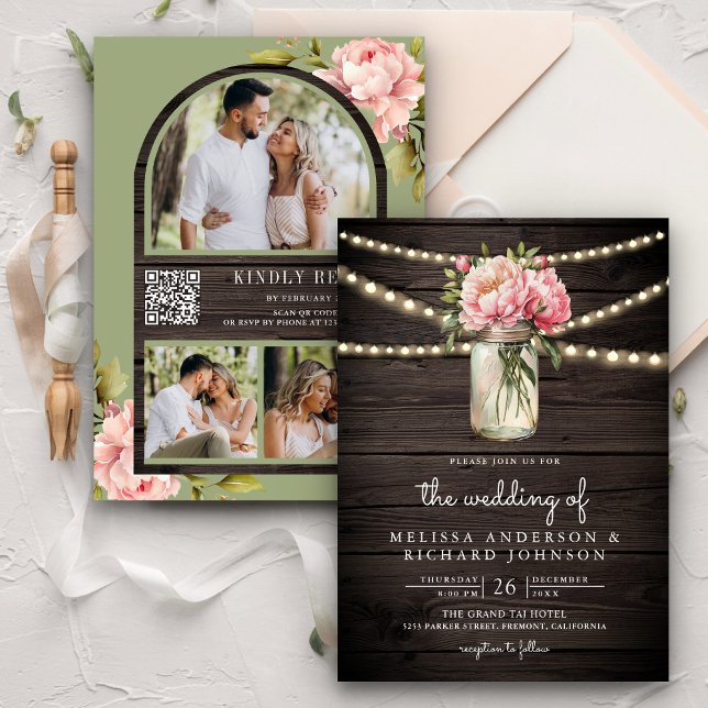 Invitación Rosa Suave Peonía Tarro de Mason Código QR Boda de (Subido por el creador)