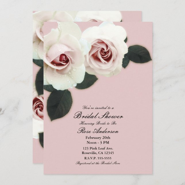 Invitación Rosa suave Rubor Roses rosados Elegante Ducha Brid (Anverso / Reverso)