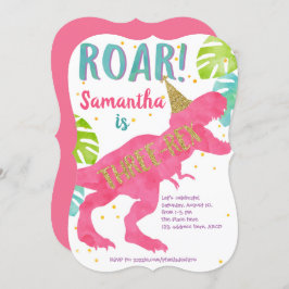 Invitación Rosa, T-rex, dinosaurio, Chica, tercer cumpleaños