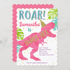 Invitación Rosa, T-rex, dinosaurio, Chica, tercer cumpleaños