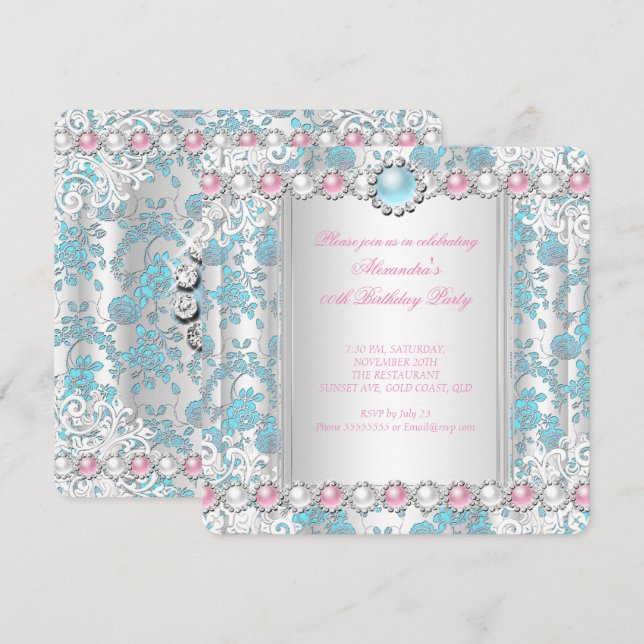 Invitación Rosa Té Damasco Blanco Rosa Perla Fiesta de Cumple (Anverso / Reverso)