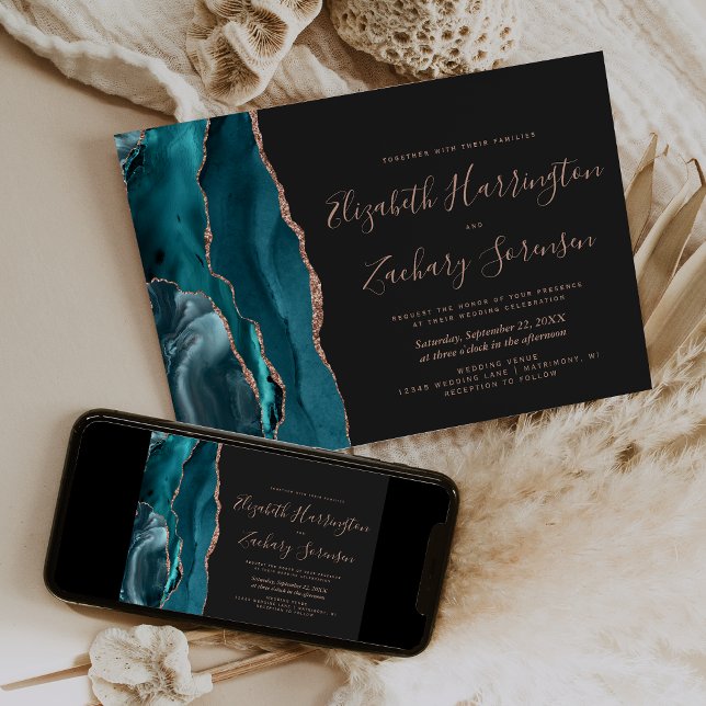 Invitación Rosa Teal Oro Ágata Bodas Horizontal Oscuro (Subido por el creador)