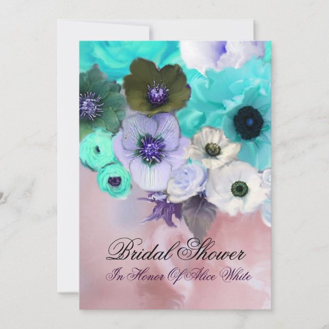INVITACIÓN ROSA TEAL ROSAS Y FLORES DE ANÉMONA DUCHA NUPCIAL (Anverso)