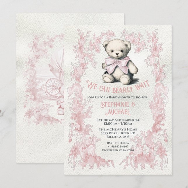 Invitación Rosa Teddy Bear Toile acuático acuático ducha de b (Anverso / Reverso)