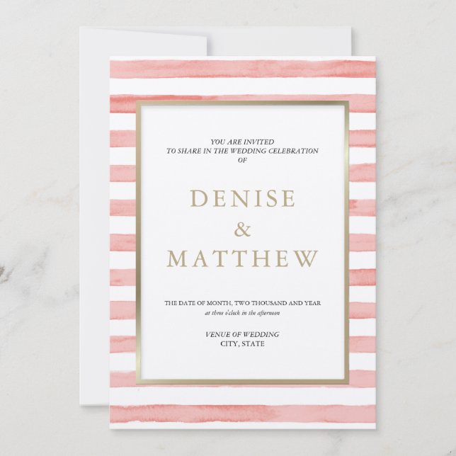 Invitación Rosa Telaraña Franjas de Acuarela y Letras Doradas (Anverso)