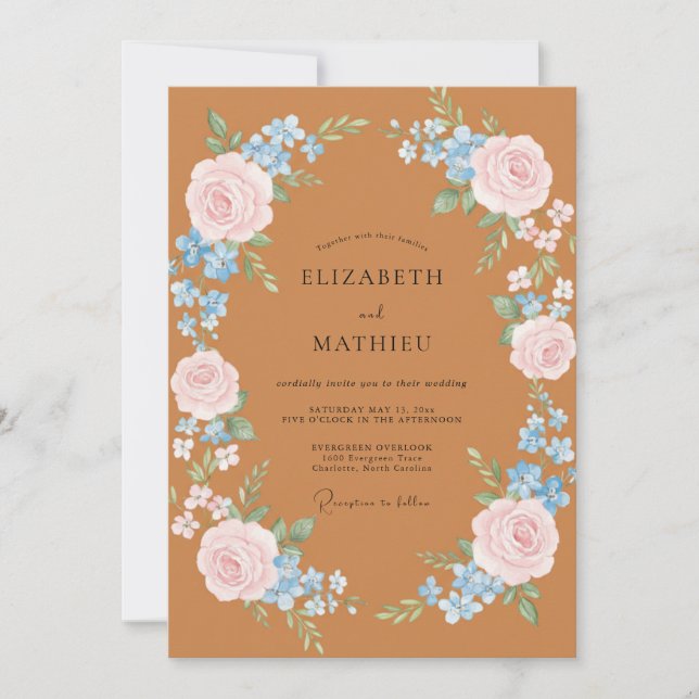 Invitación Rosa Terracota Floración Flores Boda (Anverso)
