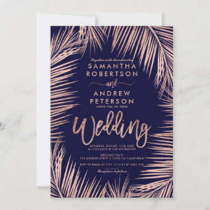 Invitación Rosa Tipografía de oro palmeras boda azul marino