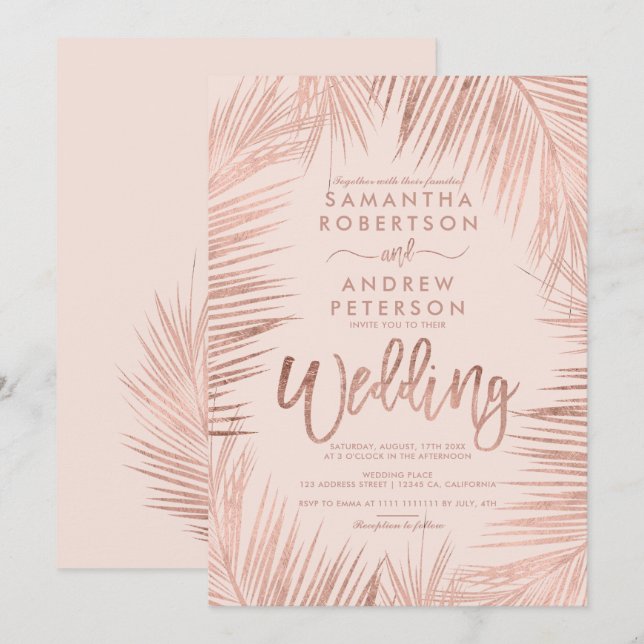 Invitación Rosa Tipografía dorada palmeras boda rosa (Anverso / Reverso)