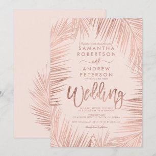 Invitación Rosa Tipografía dorada palmeras boda rosa