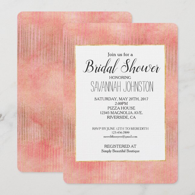 Invitación Rosa Tiras de oro rosado Ducha de novia (Anverso / Reverso)