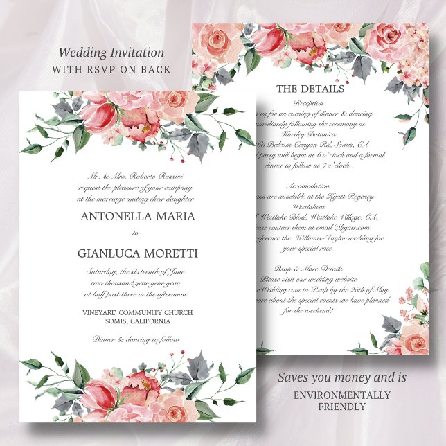 Invitación rosa todo en una boda con RSVP (This wedding invitation with RSVP and Details saves you money and is environmentally friendly)