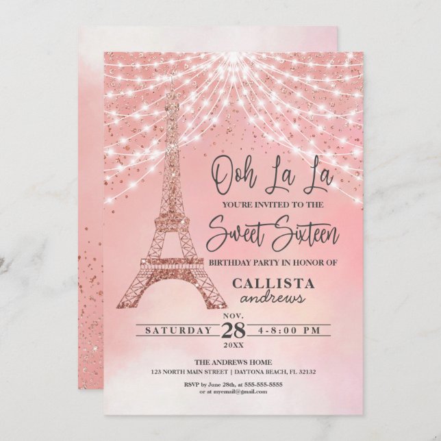 Invitación Rosa Torre Eiffel Purpurina Sparkles Luces Dulces  (Anverso / Reverso)
